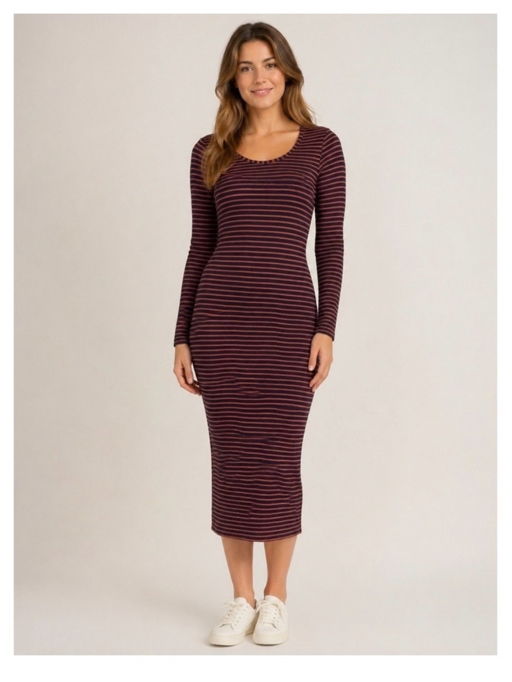 Nordstrom Marine Layer Lexi Long Sleeve Midi Dress - Burgundy navy stripe